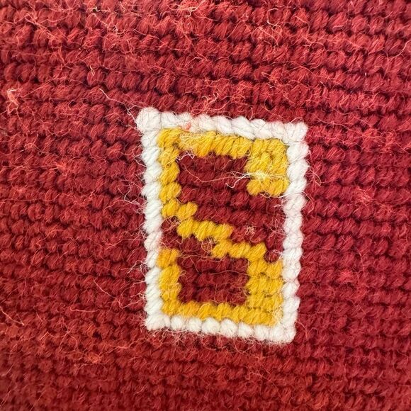 Red Gold Geometric Wool Needlepoint Boho Accent Pillow 14 inches Square Handmade - Picture 7 of 11